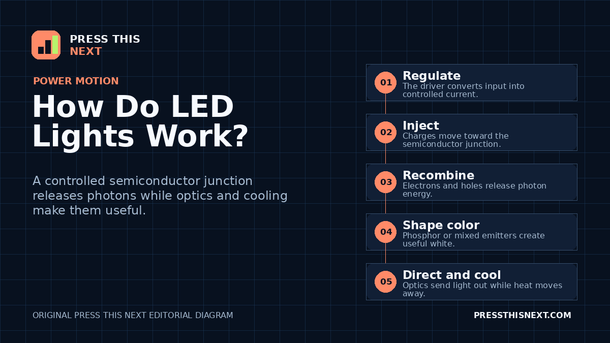 Five-step diagram showing a driver controlling current, charges recombining at an LED junction, phosphor shaping white light, optics directing it, and heat moving away.