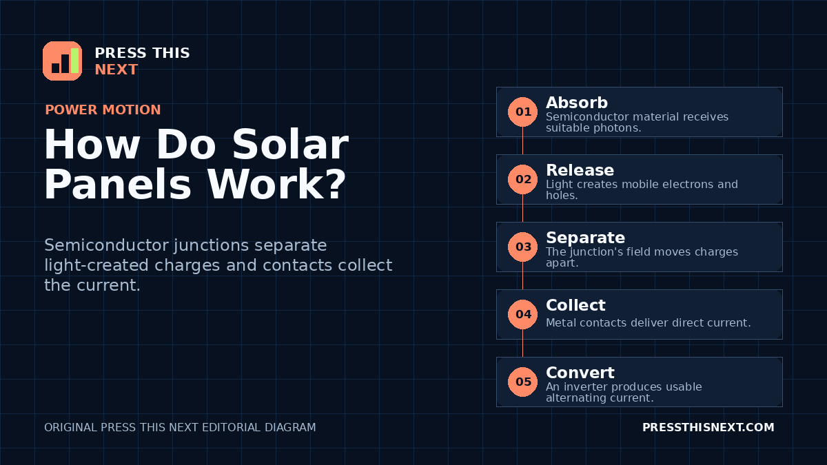Five-step diagram of sunlight creating charges, a solar-cell junction separating them, contacts collecting direct current, and an inverter converting it to alternating current.