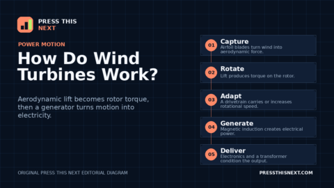 Five-step diagram showing airfoil blades capturing wind, the rotor producing torque, a drivetrain carrying rotation, a generator making electricity, and electronics delivering it.