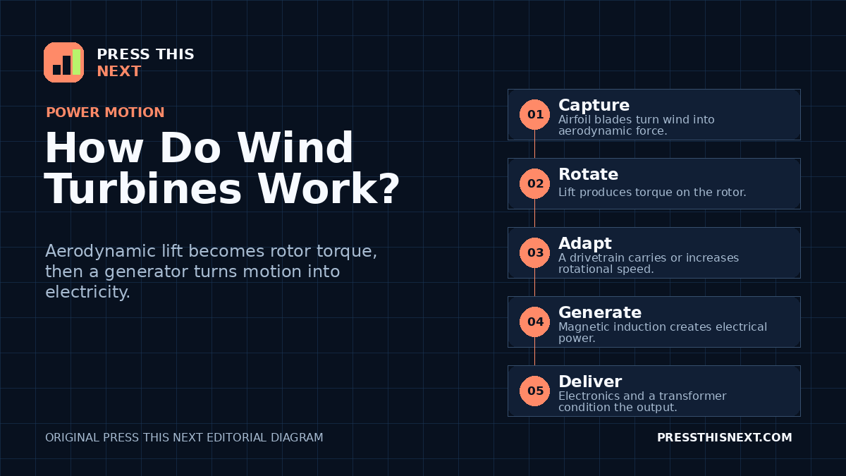 Five-step diagram showing airfoil blades capturing wind, the rotor producing torque, a drivetrain carrying rotation, a generator making electricity, and electronics delivering it.