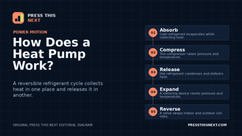 Five-step diagram showing refrigerant absorbing heat, being compressed, releasing heat while condensing, expanding to lower pressure, and a valve reversing the flow.