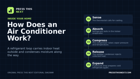 Five-step diagram showing a thermostat calling for cooling, refrigerant absorbing indoor heat, compression, outdoor heat release, and expansion before the cycle repeats.