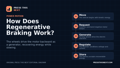 Five-step diagram showing a moving vehicle requesting braking torque, its wheels driving the motor as a generator, the inverter regulating current, and the battery storing energy.