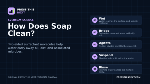 Five-step diagram showing water wetting a surface, surfactants connecting with oily soil, agitation lifting it, micelles suspending it, and rinsing it away.