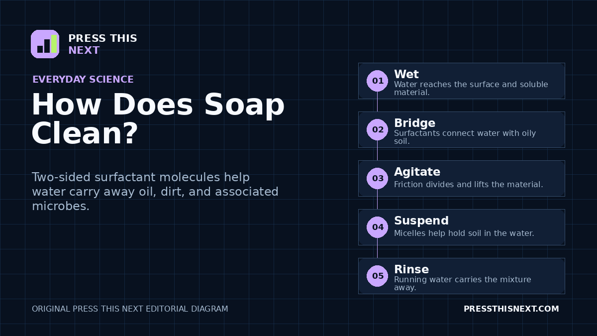 Five-step diagram showing water wetting a surface, surfactants connecting with oily soil, agitation lifting it, micelles suspending it, and rinsing it away.