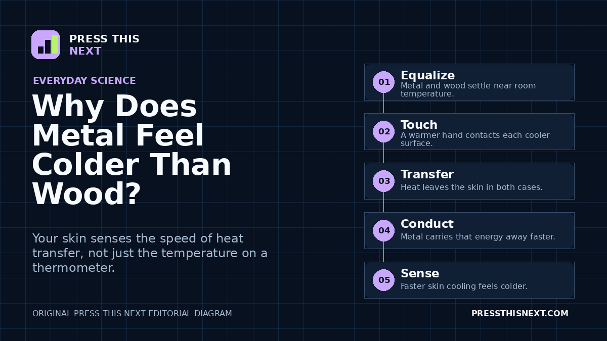 Five-step diagram showing metal and wood reaching room temperature, a hand touching both, heat leaving the skin, metal conducting it faster, and the faster cooling feeling colder.