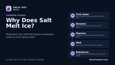 Five-step diagram showing salt reaching liquid water on ice, dissolving into ions, lowering the freezing point, melting nearby ice, and reaching a temperature-dependent balance.