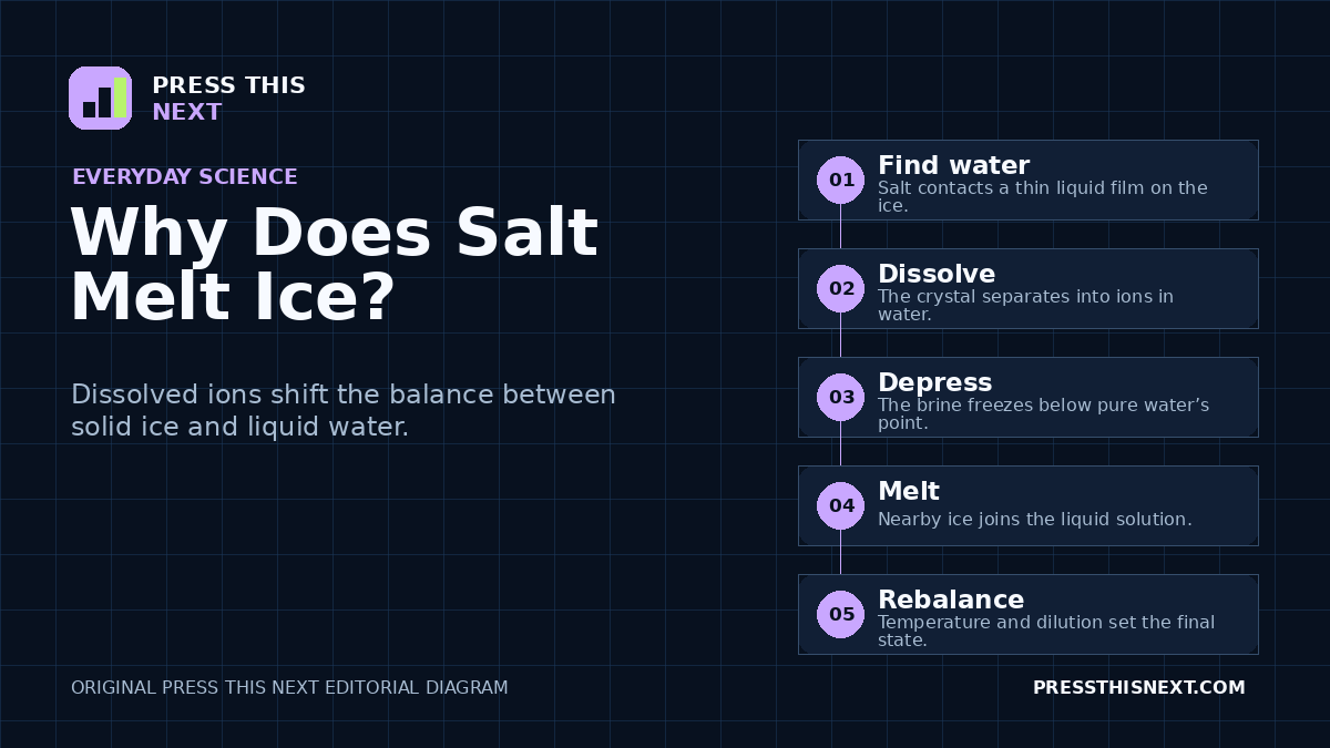 Five-step diagram showing salt reaching liquid water on ice, dissolving into ions, lowering the freezing point, melting nearby ice, and reaching a temperature-dependent balance.