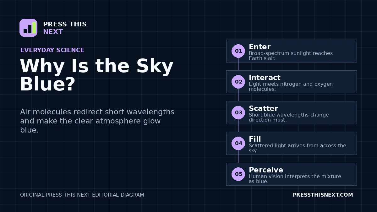 Five-step diagram showing sunlight entering Earth’s atmosphere, air molecules scattering blue wavelengths, scattered light filling the sky, and human vision perceiving blue.