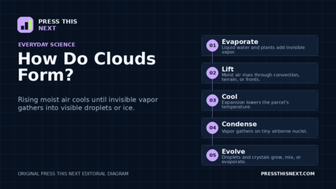 Five-step diagram showing water vapor entering the air, moist air rising and cooling, vapor condensing on airborne nuclei, and droplets or ice crystals growing into clouds.