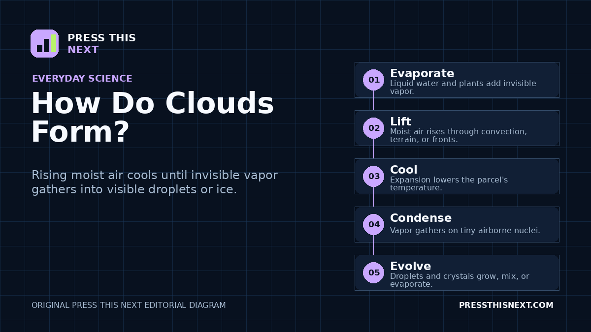 Five-step diagram showing water vapor entering the air, moist air rising and cooling, vapor condensing on airborne nuclei, and droplets or ice crystals growing into clouds.