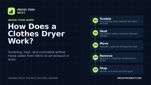 Five-step diagram showing a dryer tumbling wet clothes, heating air, moving it through the drum, removing moisture, and stopping when sensors detect dryness.