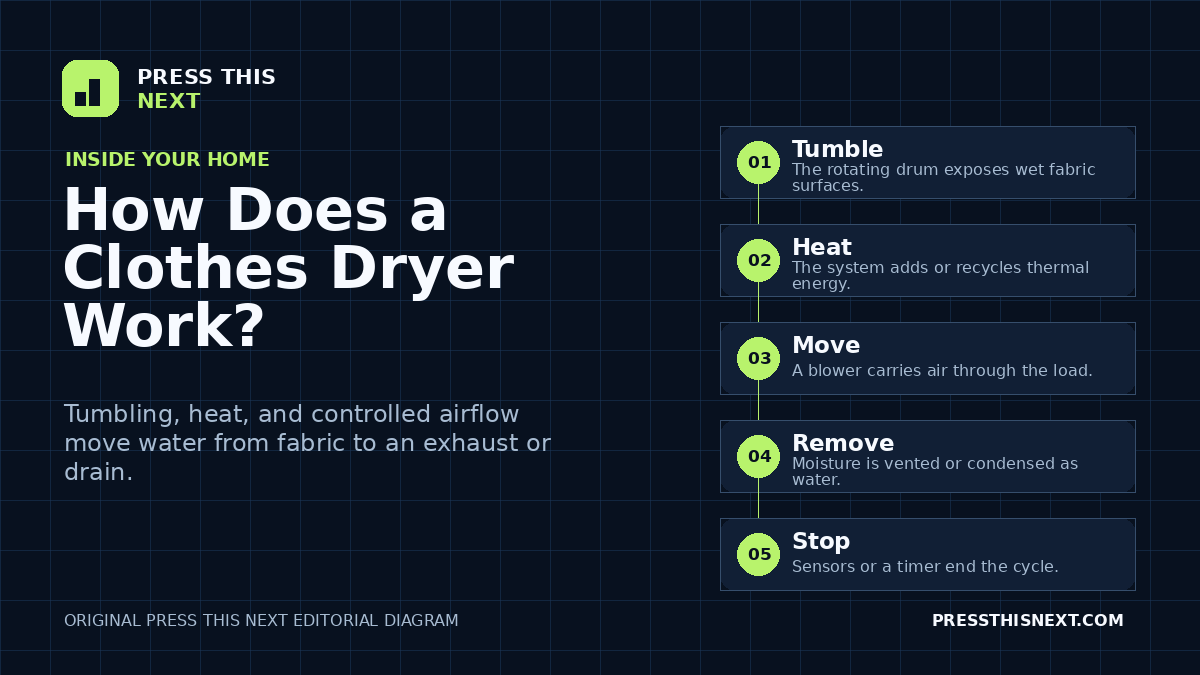 Five-step diagram showing a dryer tumbling wet clothes, heating air, moving it through the drum, removing moisture, and stopping when sensors detect dryness.