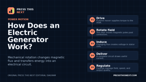 Five-step diagram showing a prime mover turning a magnetic rotor, changing flux inducing voltage in stator coils, a circuit drawing current, and controls regulating output.