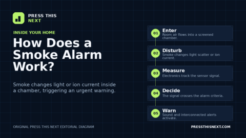 Five-step diagram showing air entering a smoke alarm, particles changing light or ion current, electronics measuring the signal, alarm criteria being met, and warnings activating.