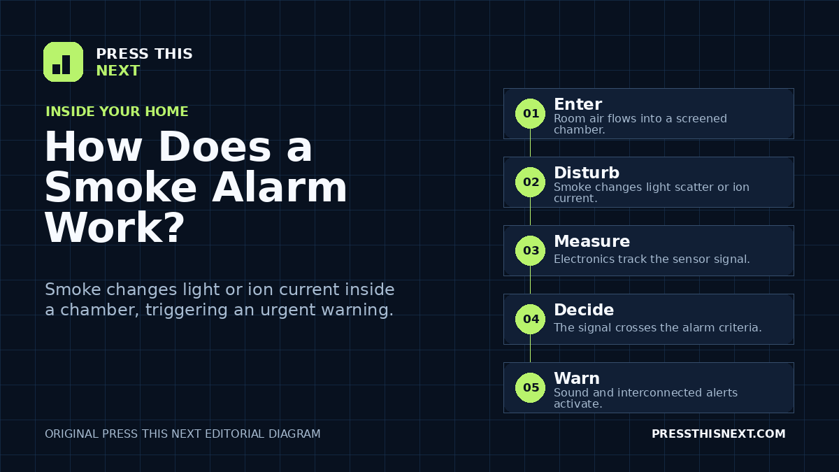 Five-step diagram showing air entering a smoke alarm, particles changing light or ion current, electronics measuring the signal, alarm criteria being met, and warnings activating.