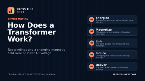 Five-step diagram showing alternating current creating changing magnetic flux in a transformer core and inducing a different voltage in a secondary winding.