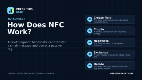 Five-step diagram showing an NFC coil creating a magnetic field, a nearby coil coupling, devices choosing a protocol, exchanging a short record, and software validating it.