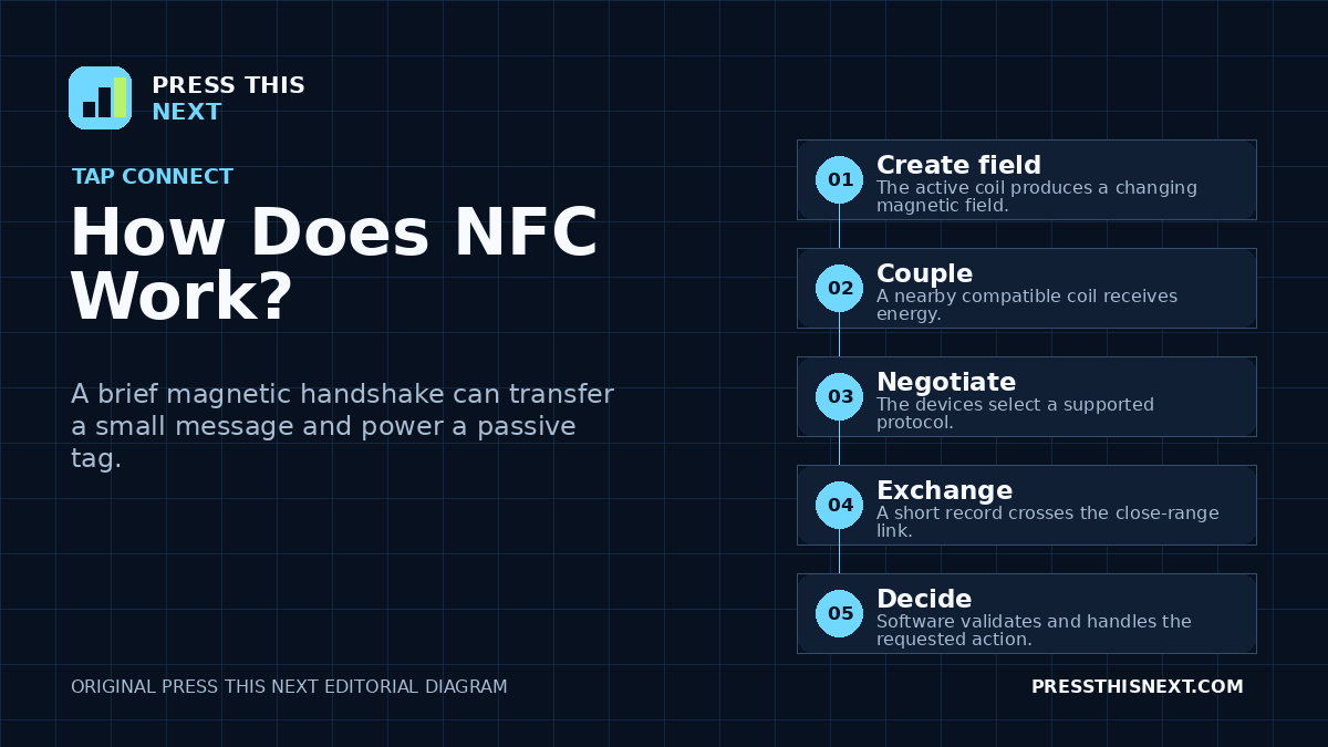 Five-step diagram showing an NFC coil creating a magnetic field, a nearby coil coupling, devices choosing a protocol, exchanging a short record, and software validating it.
