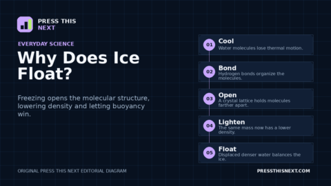 Five-step diagram showing water cooling, hydrogen bonds forming an open crystal lattice, density decreasing as ice forms, and buoyancy keeping the ice afloat.