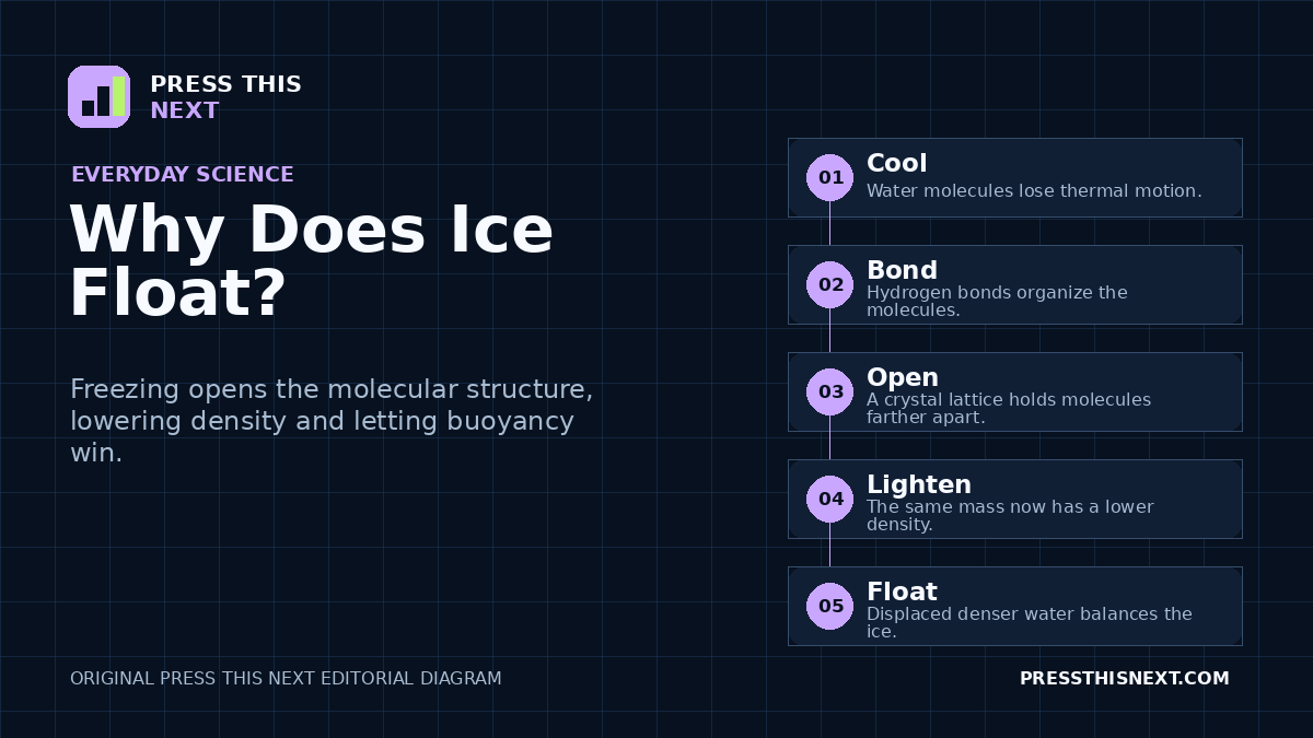 Five-step diagram showing water cooling, hydrogen bonds forming an open crystal lattice, density decreasing as ice forms, and buoyancy keeping the ice afloat.