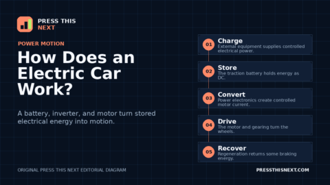 Five-step diagram showing an electric car accepting charge, storing DC energy, converting it for a traction motor, driving the wheels, and recovering braking energy.