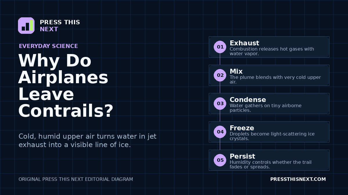 Five-step diagram showing hot moist jet exhaust mixing with cold upper air, condensing on particles, freezing into ice crystals, and forming a visible contrail.